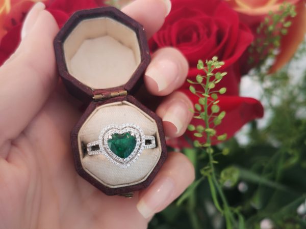 Heart Shaped Emerald and Diamond Engagement Ring in 18ct White Gold