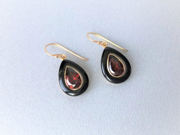 Modern Black Onyx & Garnet Gold Drop Earrings