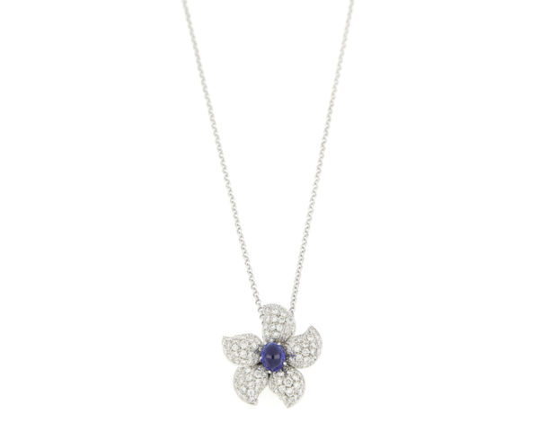 Cabochon Cut Sapphire and Diamond Set Flower Necklace