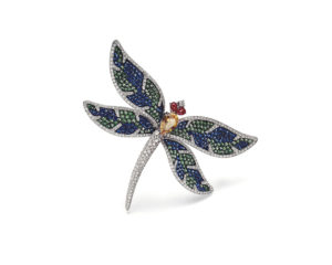 Sapphire, Diamond and Ruby Set Dragonfly Brooch in 18ct Gold