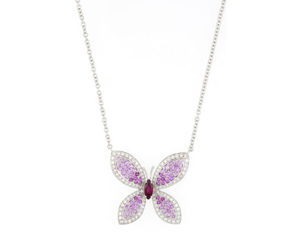 Pink Sapphire, Ruby and Diamond Set Butterfly Necklace, 18ct White Gold