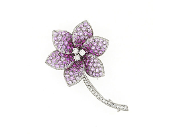 Fine Pink Sapphire and Diamond Flower Brooch, 18ct White Gold