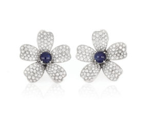 Cabochon Cut Sapphire and Diamond Flower Earrings, 18ct White Gold