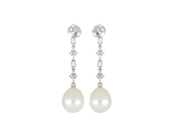 Diamond and Pearl Drop Earrings, 18ct White Gold