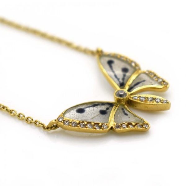 Plique à Jour Enamel Diamond Butterfly Pendant Necklace