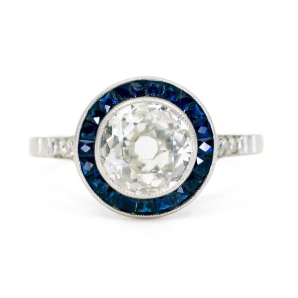 Vintage Old Mine Cut Diamond 1.23ct & Sapphire Target Ring