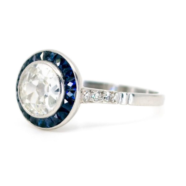 Vintage Old Mine Cut Diamond 1.23ct & Sapphire Target Ring