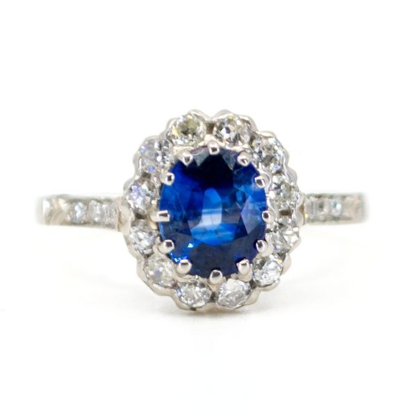 Vintage Style Sapphire and Old Mine Cut Diamond Platinum Ring