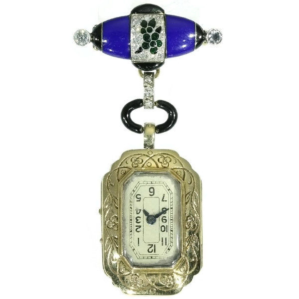 Antique Art Deco Diamond Set Blue Enamel Ladies Watch