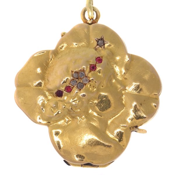 Antique Art Nouveau Four Leaf Clover Portrait Locket, 18ct Yellow Gold