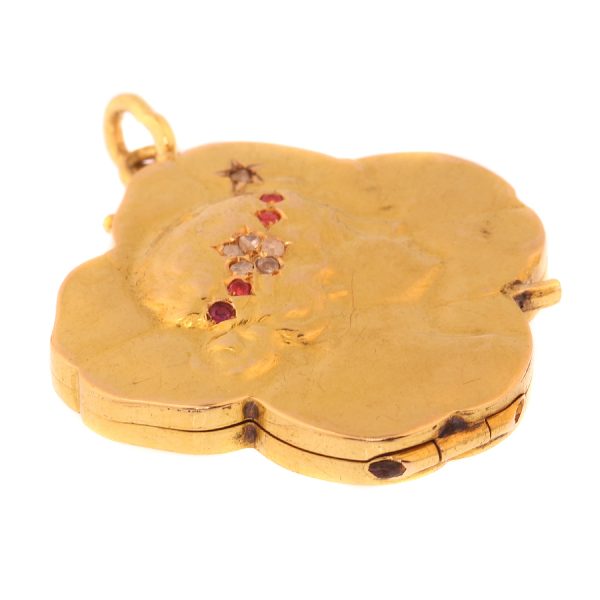 Antique Art Nouveau Four Leaf Clover Portrait Locket, 18ct Yellow Gold