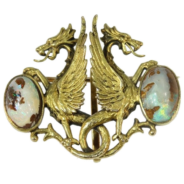 Charming Antique Victorian Brooch Depicting Two Griffins Protecting Their Egg