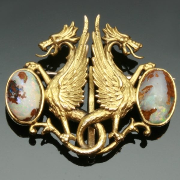 Charming Antique Victorian Brooch Depicting Two Griffins Protecting Their Egg
