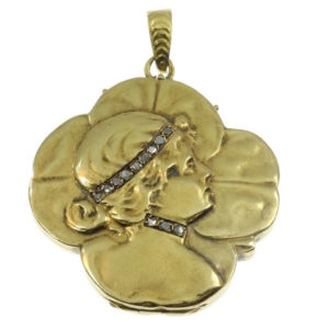 Antique Art Nouveau Woman's Head on Four Leaf Clover Gold Locket