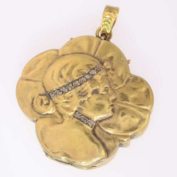 Antique Art Nouveau Woman's Head on Four Leaf Clover Gold Locket