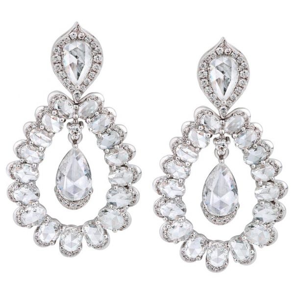 Rose Cut Pear Diamond Drop Earrings; 34 oval rose-cut diamonds curving around two suspended pear-shaped rose-cut diamonds, 5.11 carat total, 18ct white gold