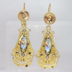 Antique Victorian Biedermeier Enamelled 18ct Gold Pendant Earrings