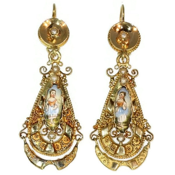 Antique Victorian Biedermeier Enamelled 18ct Gold Pendant Earrings