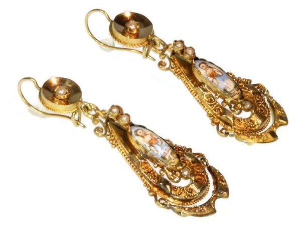 Antique Victorian Biedermeier Enamelled 18ct Gold Pendant Earrings