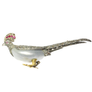 Antique French Victorian Ruby and Diamond Pheasant Brooch