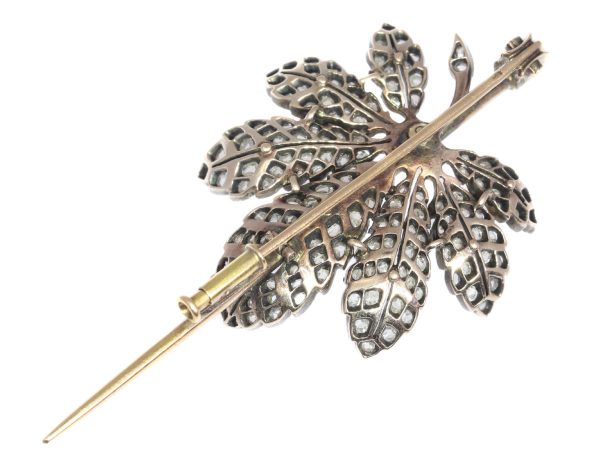 Antique French Victorian Diamond Encrusted Chestnut Leaf Brooch