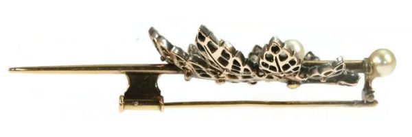 Antique French Victorian Diamond Encrusted Chestnut Leaf Brooch