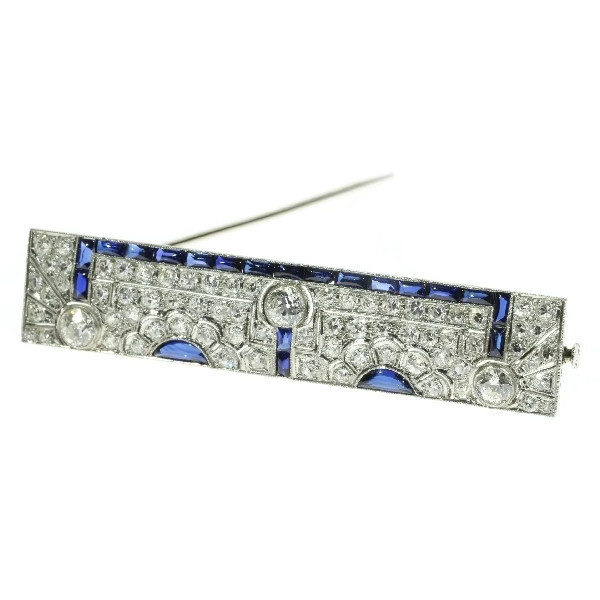 Antique Art Deco Cabochon Cut Sapphire and Diamond Bar Brooch, Platinum