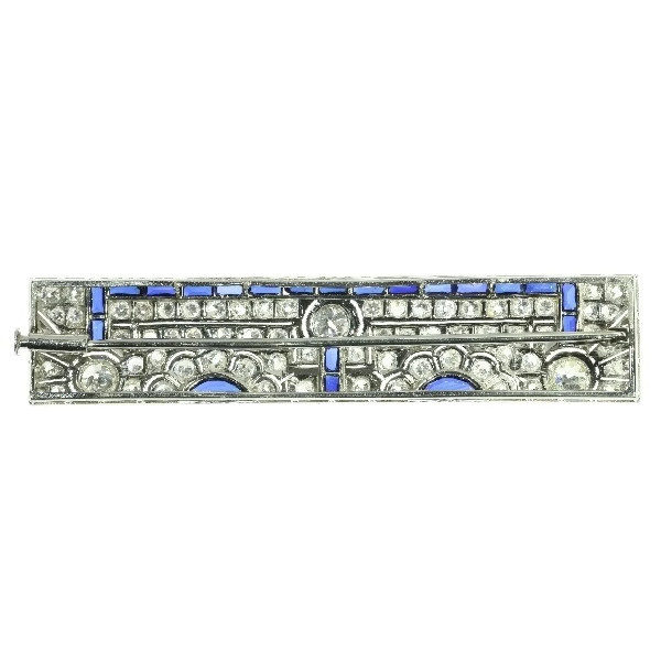 Antique Art Deco Cabochon Cut Sapphire and Diamond Bar Brooch, Platinum