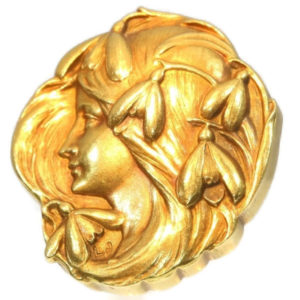 Antique Art Nouveau Woman's Head Brooch, 18ct Yellow Gold