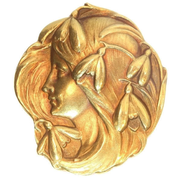 Antique Art Nouveau Woman's Head Brooch, 18ct Yellow Gold
