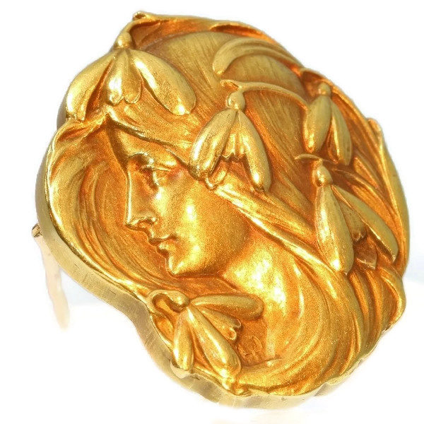 Antique Art Nouveau Woman's Head Brooch, 18ct Yellow Gold