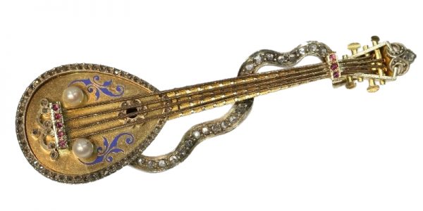 Antique Victorian Diamond and Enamel Set Gold Domra or Mandolin Brooch