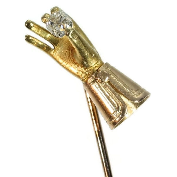 Antique Victorian Stickpin of a Gloved Hand Holding an Old Cushion Cut Diamond, 18ct Gold