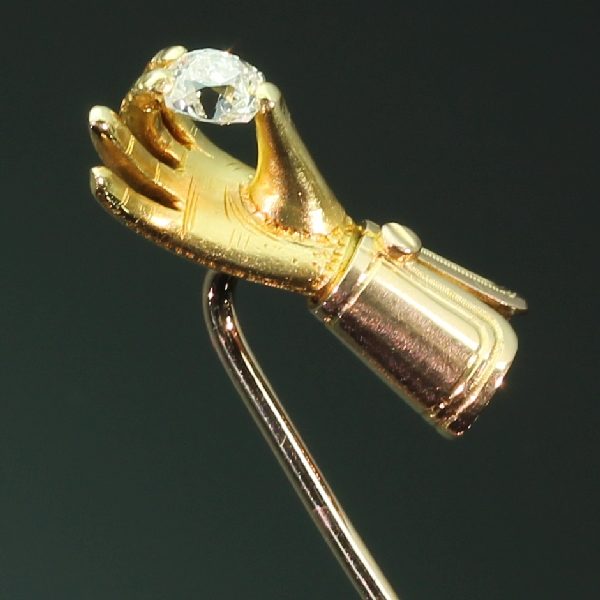 Antique Victorian Stickpin of a Gloved Hand Holding an Old Cushion Cut Diamond, 18ct Gold