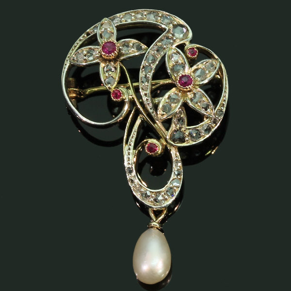 Antique Art Nouveau Diamond and Ruby Set Brooch