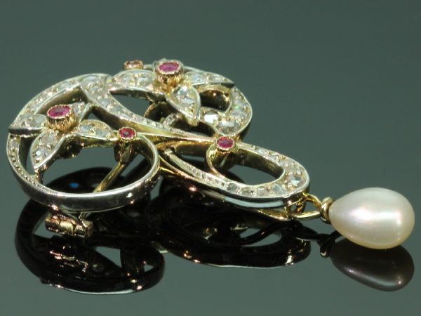 Antique Art Nouveau Diamond and Ruby Set Brooch