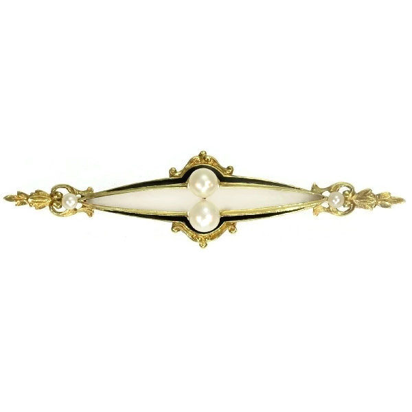 Antique Victorian Black Enamel Pearl and Rock Crystal Bar Brooch, 18ct Yellow Gold