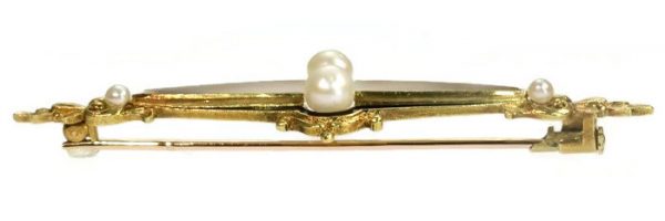 Antique Victorian Black Enamel Pearl and Rock Crystal Bar Brooch, 18ct Yellow Gold