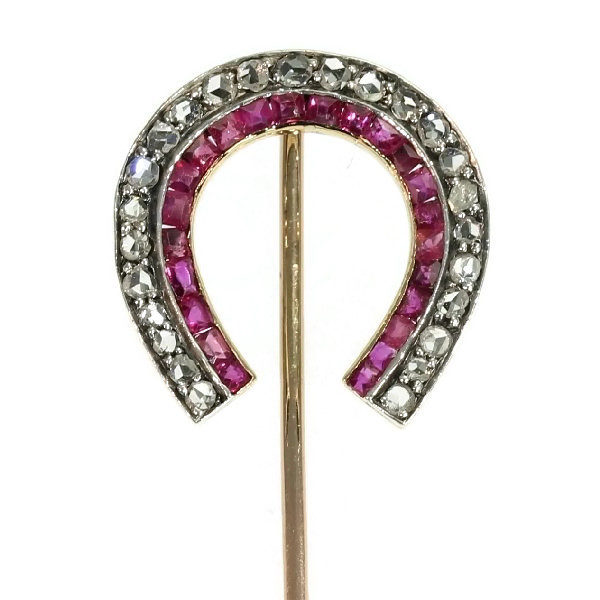 Antique Victorian Diamond and Ruby Set Horseshoe Stickpin