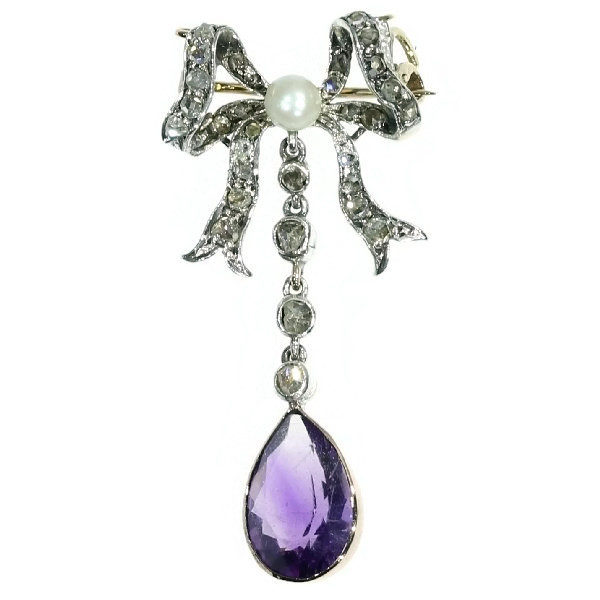 Antique Victorian Diamond, Amethyst and Pearl Bow Brooch