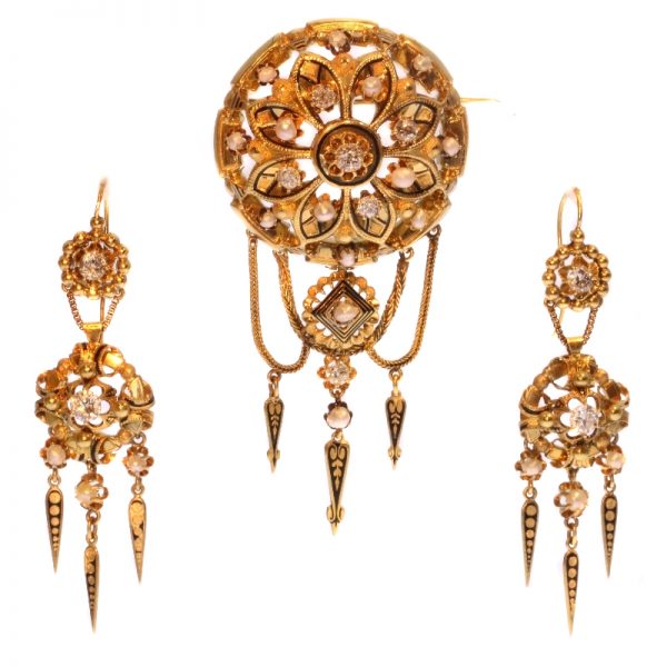 Antique Victorian Gold and Diamond Brooch and Earrings Suite