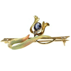 Antique Art Nouveau Enamelled Sapphire and Diamond Set Brooch, 18ct Gold