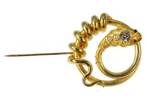 Antique Victorian Diamond and Pearl Set Snake Brooch