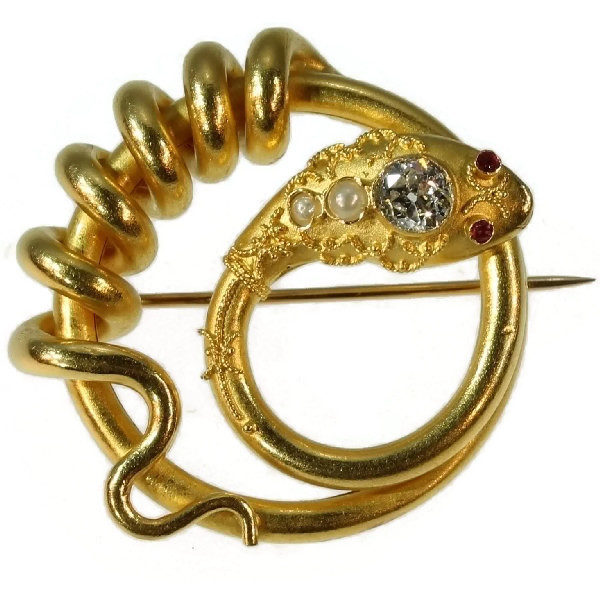 Antique Victorian Diamond and Pearl Set Snake Brooch