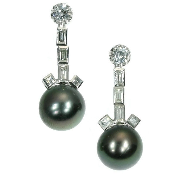 Vintage Estate Black Pearl and Diamond Platinum Drop Earrings
