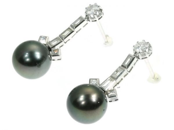 Vintage Estate Black Pearl and Diamond Platinum Drop Earrings