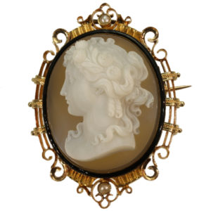 Antique Victorian French Hard Stone Cameo Brooch in Elegant Enamelled Mounting