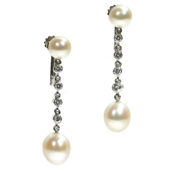 Vintage Platinum Diamond And Pearl Long Pendant Earrings - Jewellery 