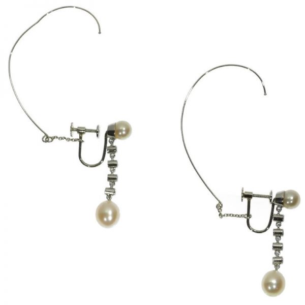 Vintage Platinum Diamond and Pearl Long Pendant Earrings