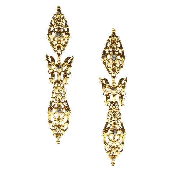 Antique Rococo Rose Cut Diamond and Gold Drop Earrings, Circa 1700’s